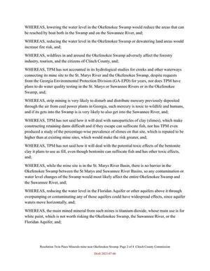 [WHEREAS, the main mined mineral from such mines is titanium dioxide, whose main use is for white paint, which is not worth risking the Okefenokee Swamp, the Suwannee River, or the Floridan Aquifer, and;]