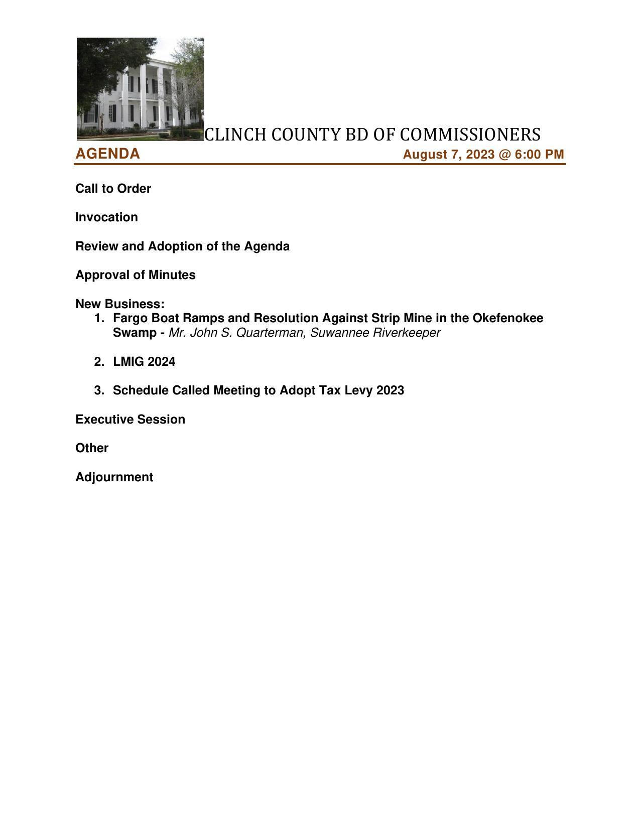 Agenda, Clinch County Commission, 2023-08-07