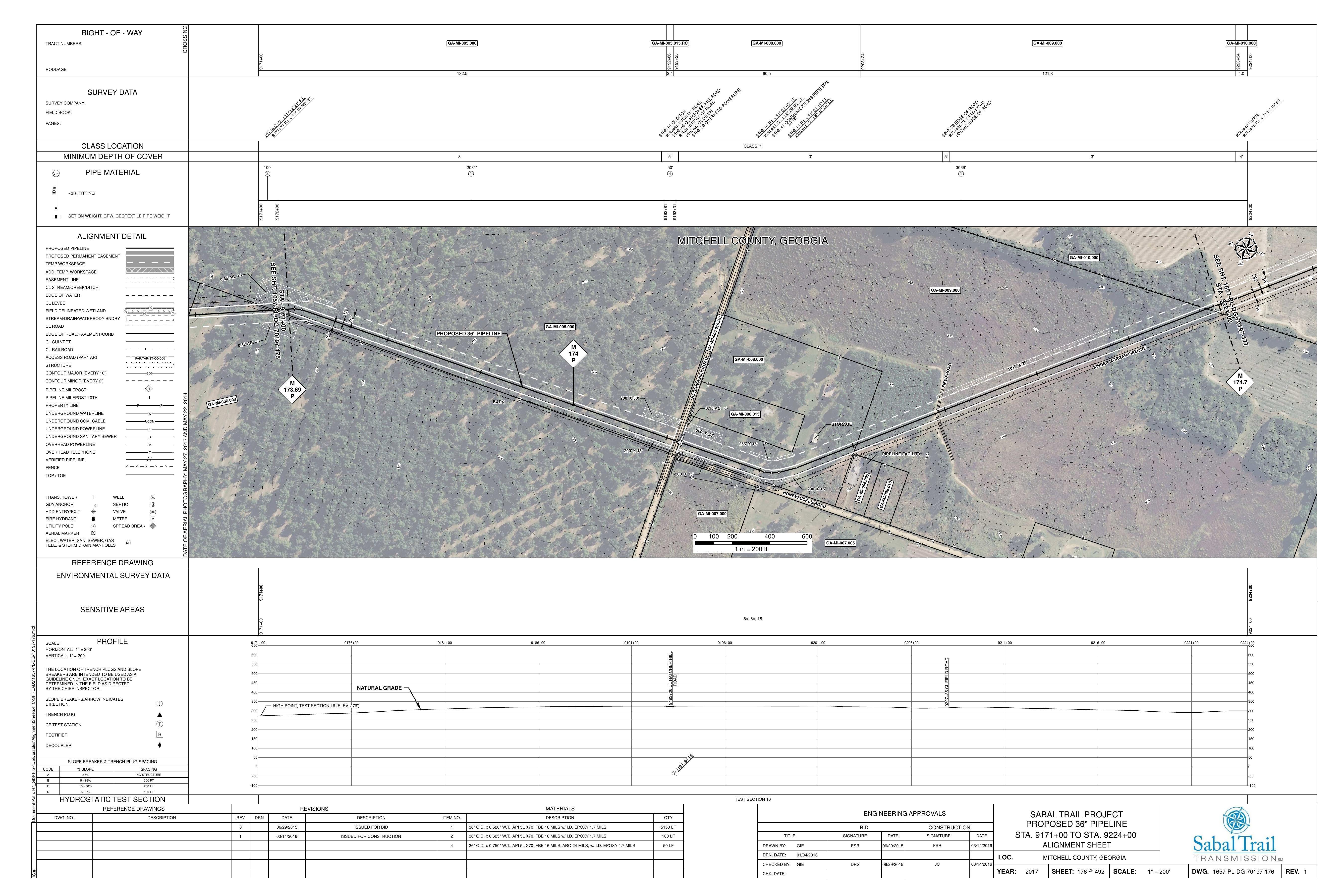 1657-PL-DG-70197-176, STA. 9171+00 TO STA. 9224+00, MP 173.69, MP 174, MP 174.7, PIPELINE FACILITY, Hatcher Hill Rd. @ Honeysuckle Rd., Baconton, GA 31716, MITCHELL COUNTY, GEORGIA, 31.397467, -84.061268