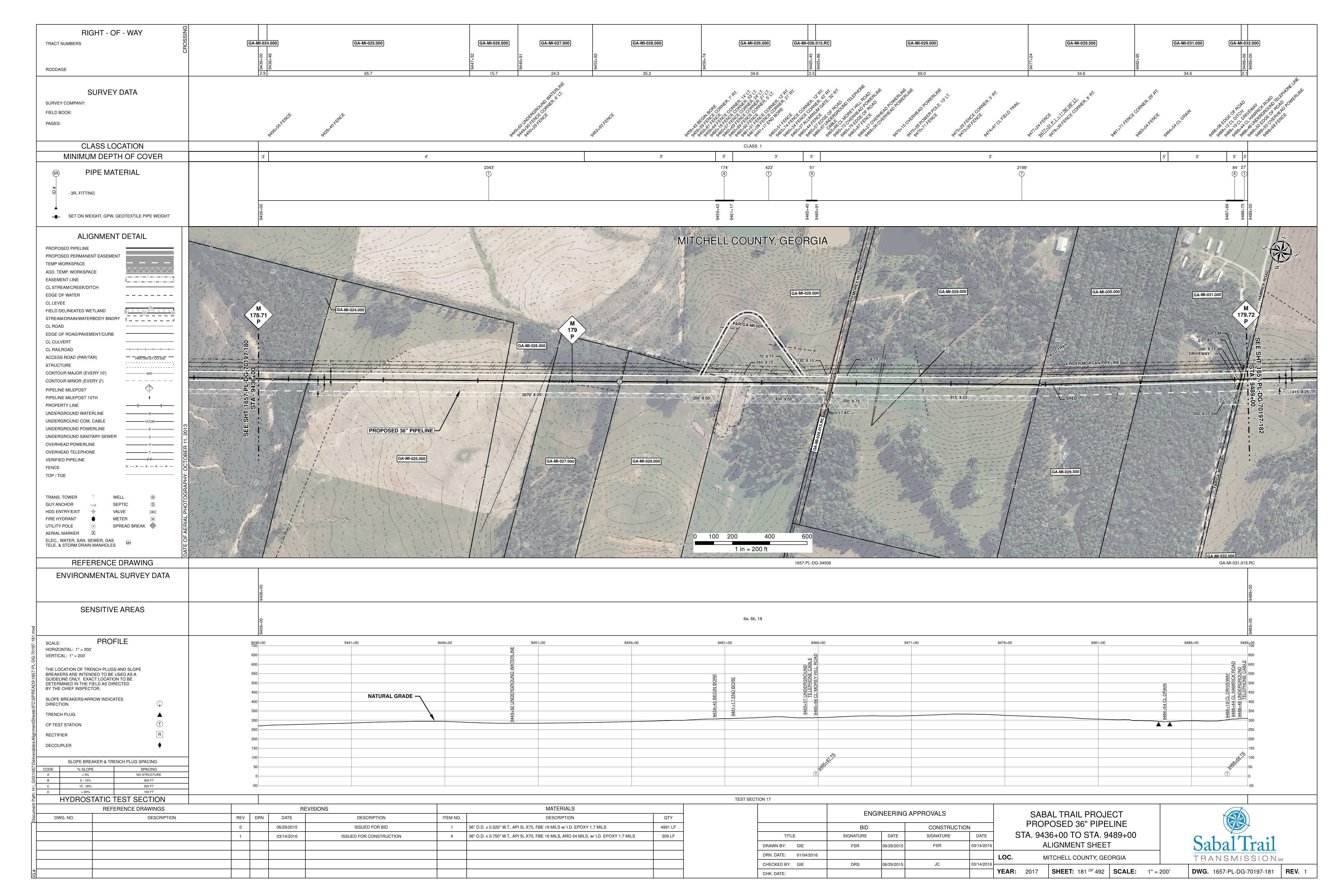 1657-PL-DG-70197-181, STA. 9436+00 TO STA. 9489+00, MP 178.71, MP 179, MP 179.72, KINDER MORGAN PIPELINE, 9488+44 CL HAMRICK ROAD, 9465+66 CL MOREY HILL ROAD, Baconton, GA 31716, MITCHELL COUNTY, GEORGIA, 31.334862, -84.018023