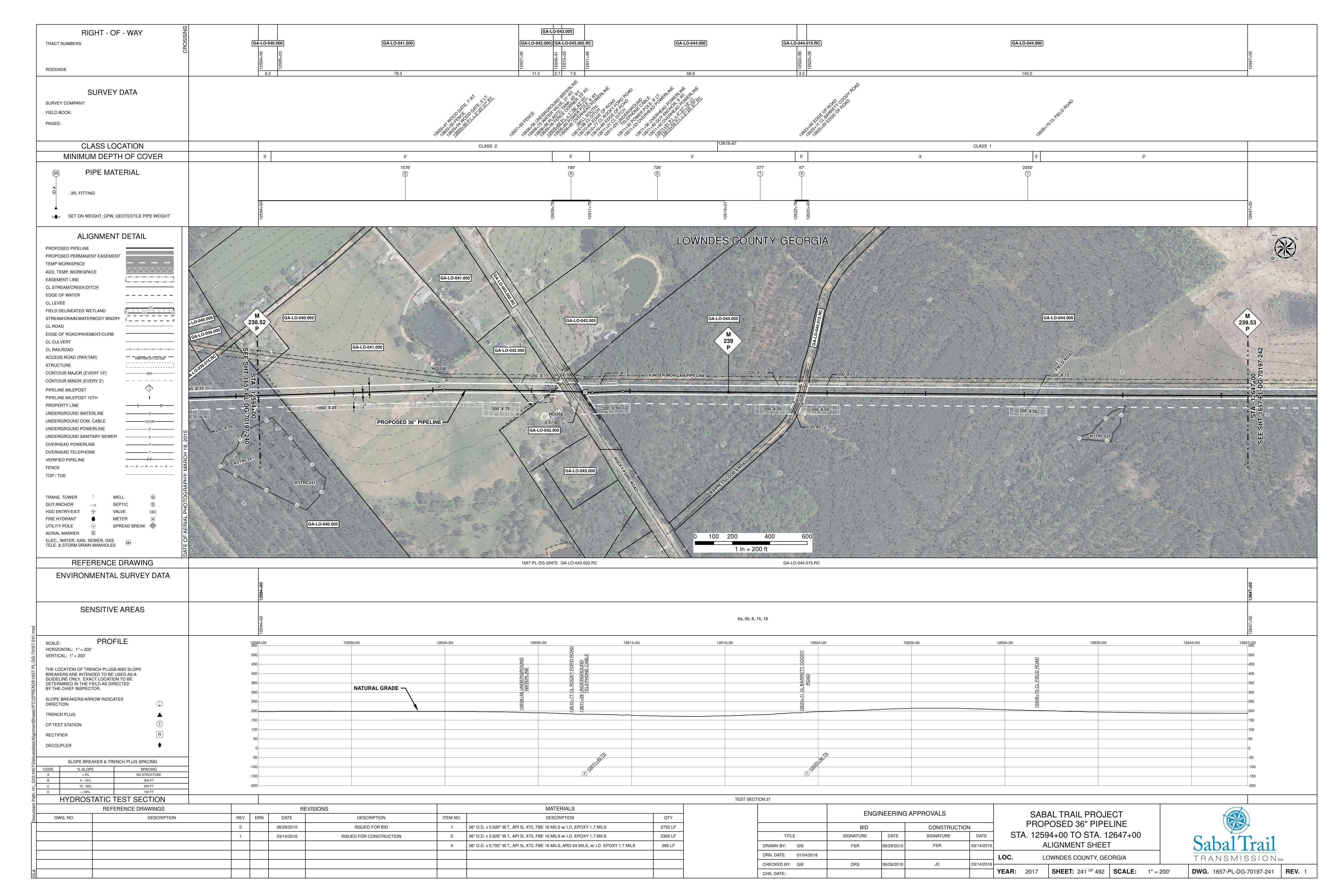 1657-PL-DG-70197-241, STA. 12594+00 TO STA. 12647+00, MP 239, MP 239.53, KINDER MORGAN PIPELINE, 12610+77 CL ROCKY FORD ROAD, Barrett Goody Road, LOWNDES COUNTY, GEORGIA, 30.732839, -83.383557