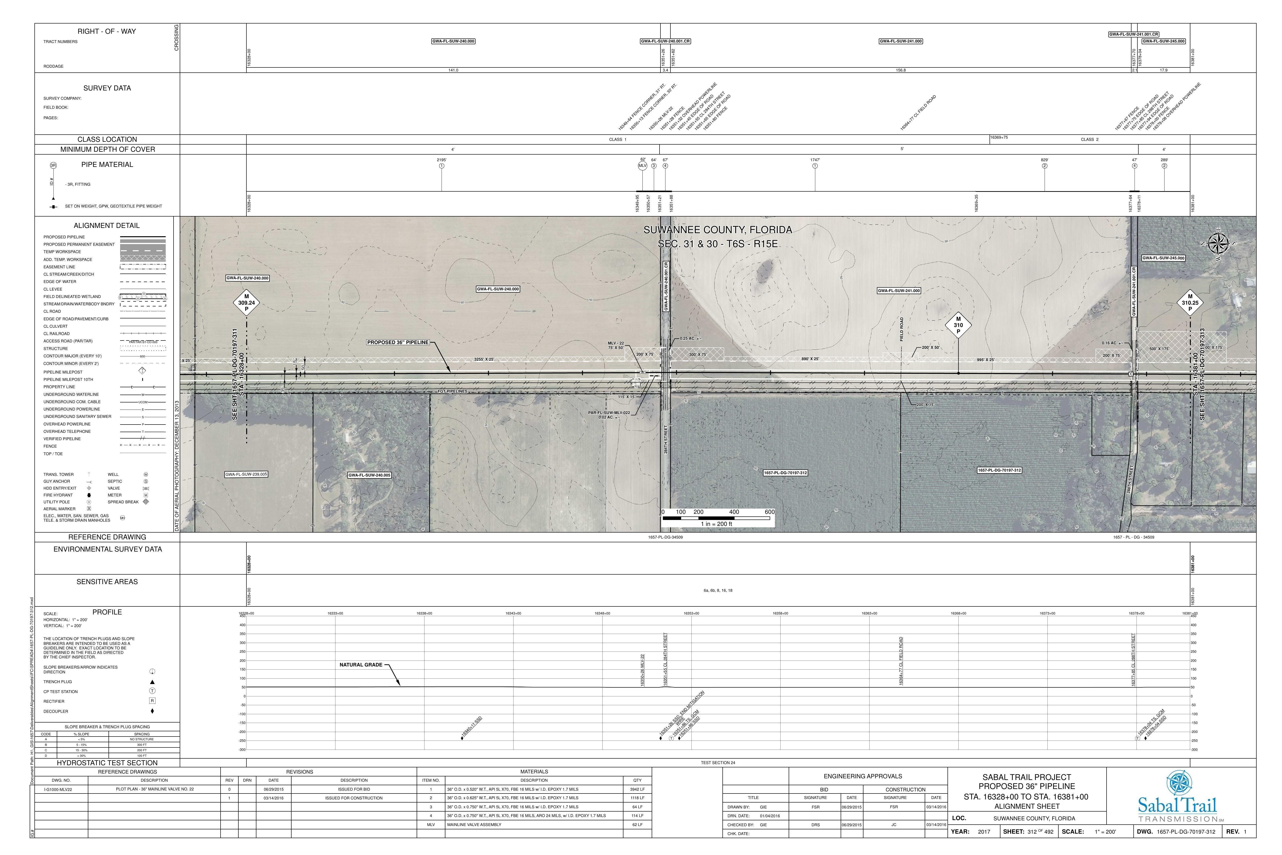 1657-PL-DG-70197-312, STA. 16328+00 TO STA. 16381+00, MP 309.24, MP 310, MP 310.25, 284TH STREET, FGT PIPELINES, 16377+85 CL 288TH STREET, 16351+55 CL 284TH STREET, SUWANNEE COUNTY, FLORIDA, 29.934743, -82.851769