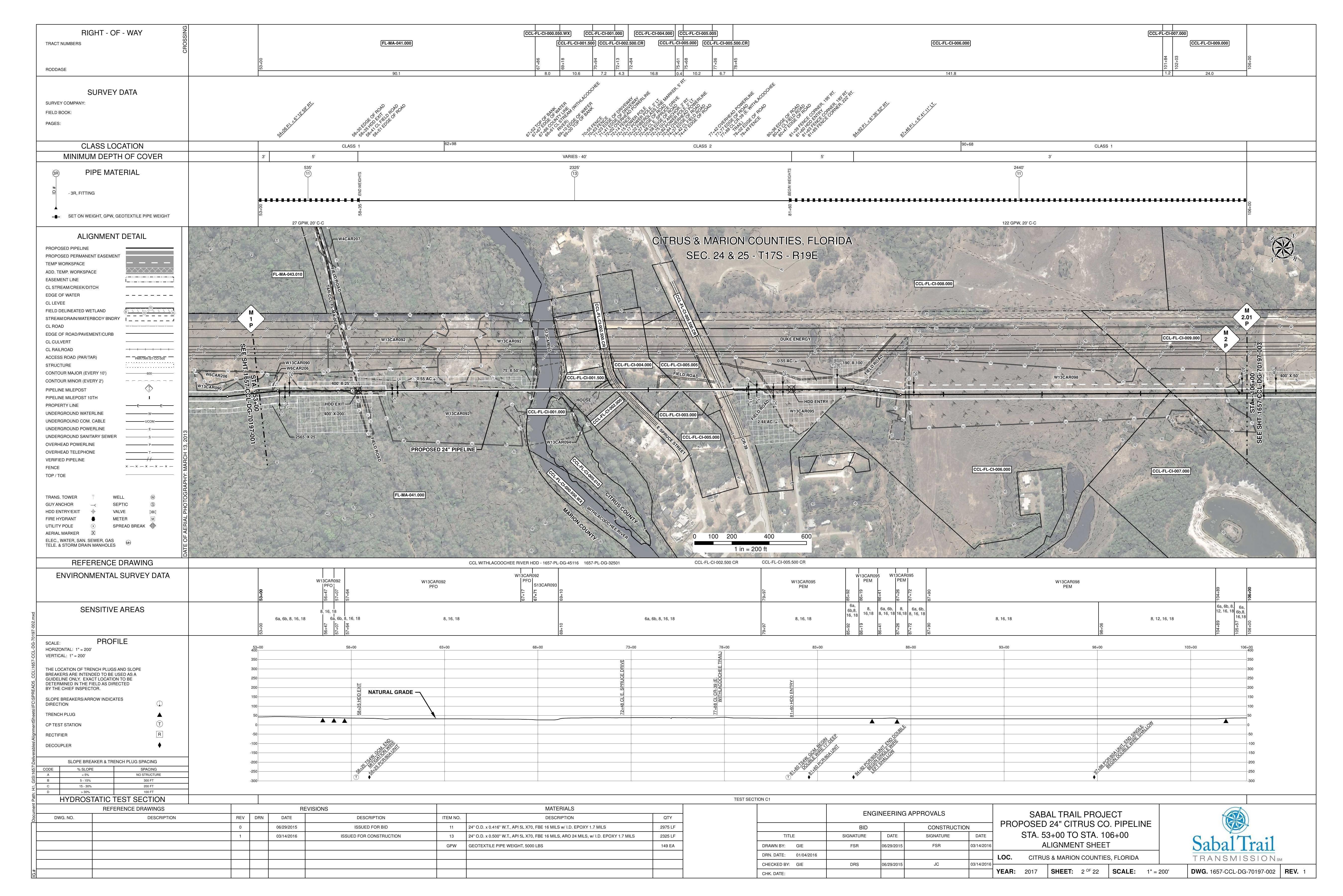 1657-CCL-DG-70197-002, STA. 53+00 TO STA. 106+00, CCL WITHLACOOCHEE RIVER HDD - 1657-PL-DG-45116, E Withlacoochee Trail, E. Spruce Drive, PROPOSED 24-inch CITRUS CO. PIPELINE, CITRUS & MARION COUNTIES, FLORIDA, 28.99002, -82.36057