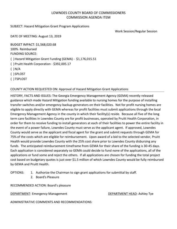 Hazard Mitigation Grant Program Applications Work Session/Regular Session DATE OF MEETING: August 13, 2019