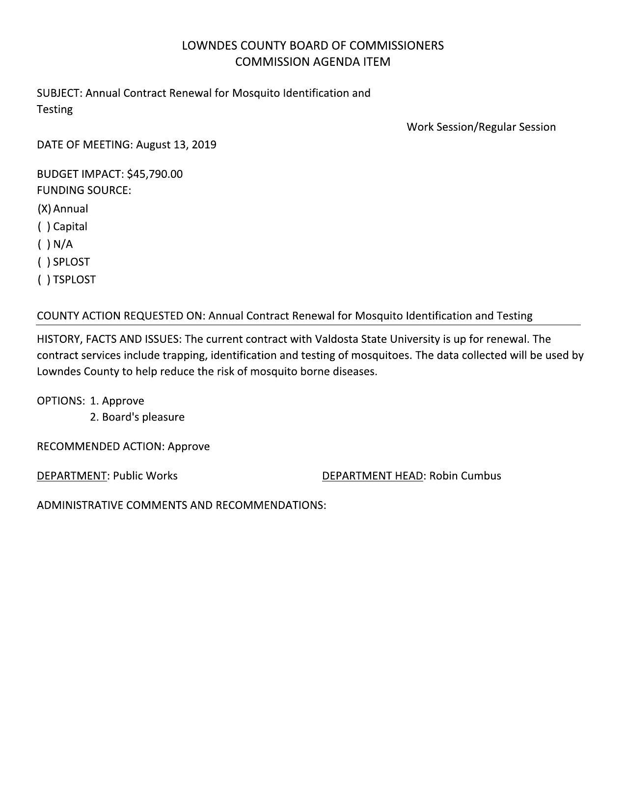 Annual Contract Renewal for Mosquito Identification and Testing