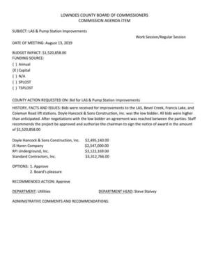 [LAS & Pump Station Improvements Work Session/Regular Session DATE OF MEETING: August 13, 2019]