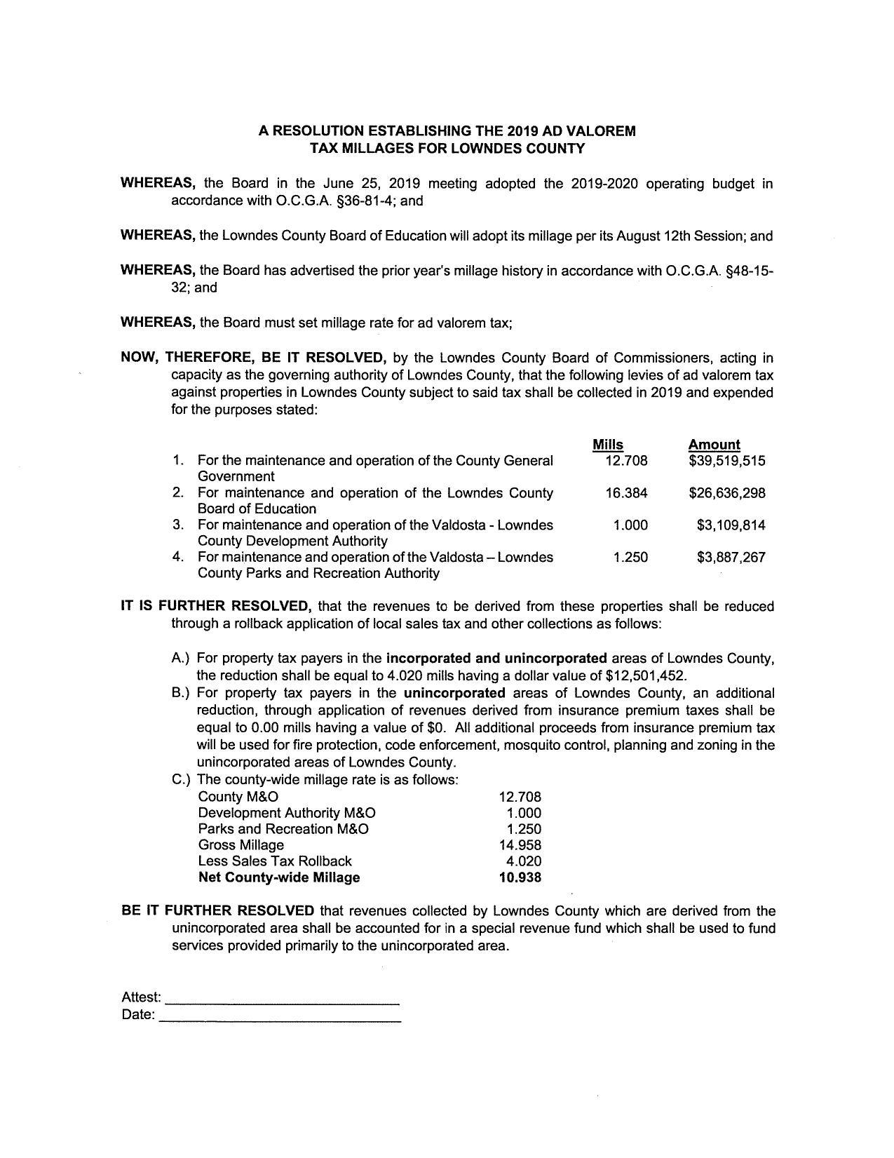 A RESOLUTION ESTABLISHING THE 2019 AD VALOREM TAX MILLAGES FOR LOWNDES COUNTY