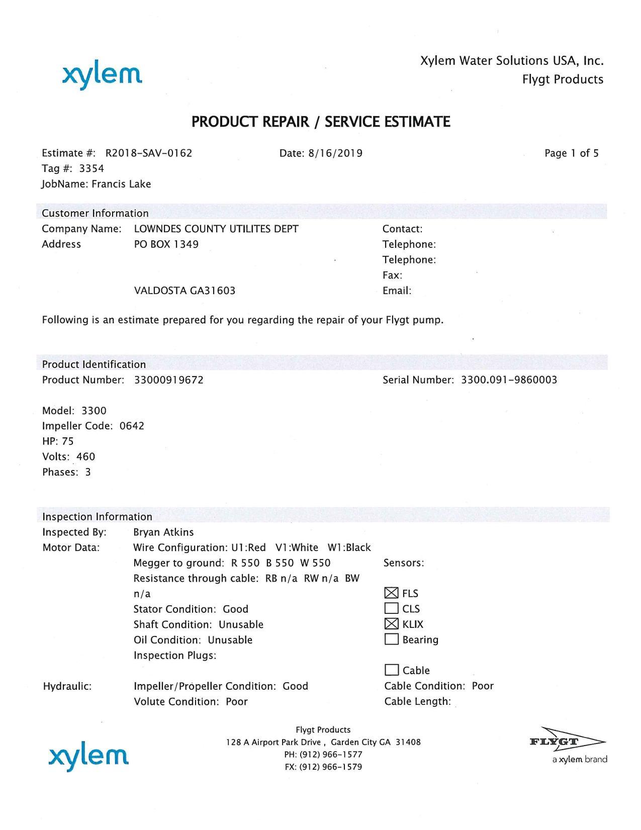 Tag 3354 PRODUCT REPAIR / SERVICE ESTIMATE