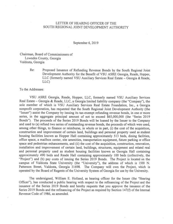 Proposed Issuance of Refunding Revenue Bonds by the South Regional Joint Development Authority for the Benefit of VSU ASRE Georgia, Reade, Hopper, LLC (formerly named VSU Auxiliary Services Real Estate — Georgia & Reade, LLC)