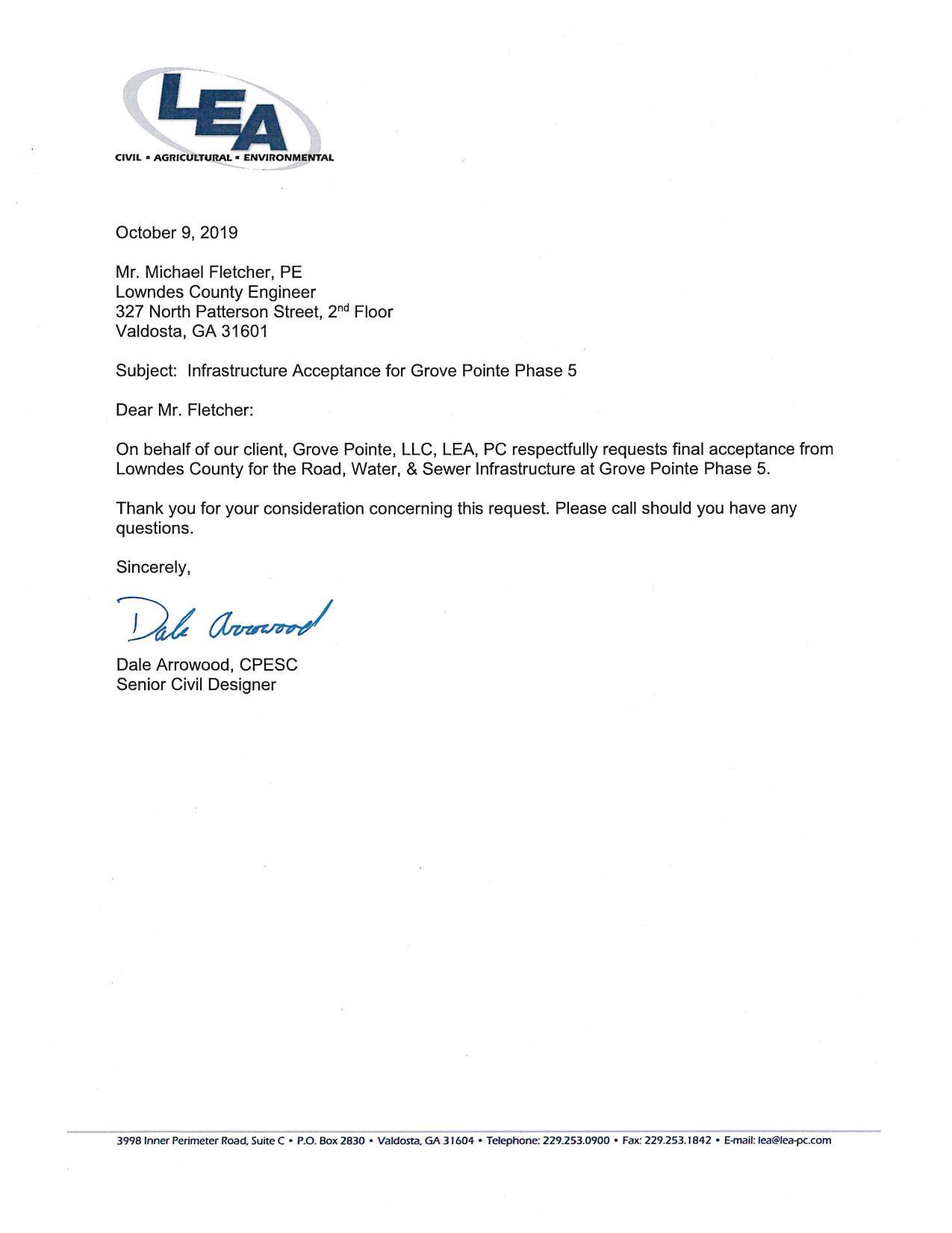 Letter on behalf of Grove Pointe LLC