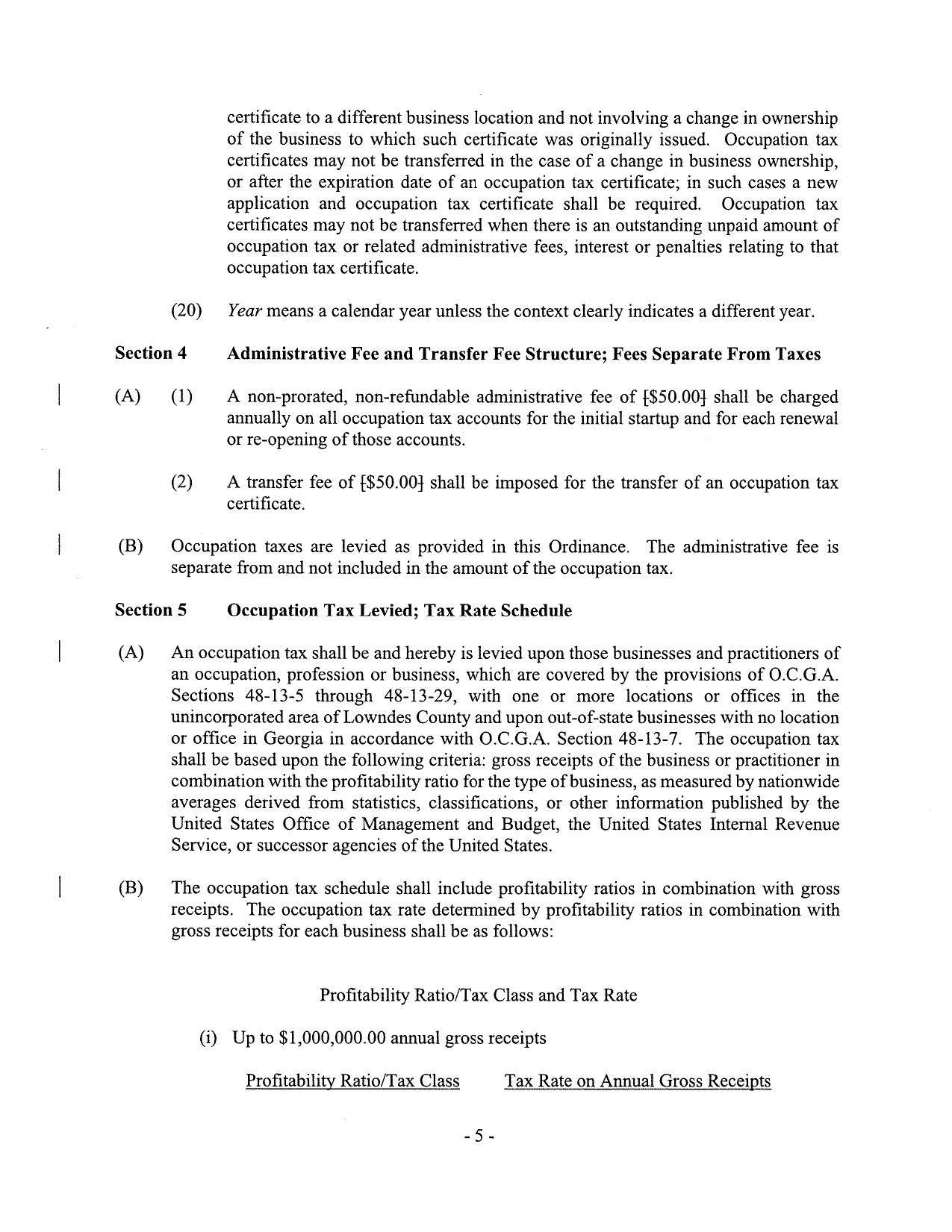 Section 4 Administrative Fee and Transfer Fee Structure; Fees Separate From Taxes