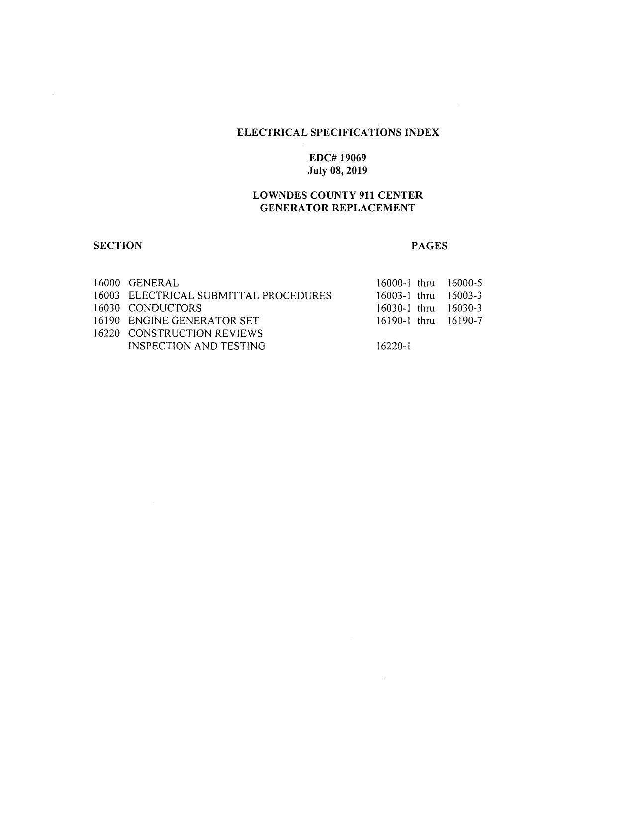 ELECTRICAL SPECIFICATIONS INDEX