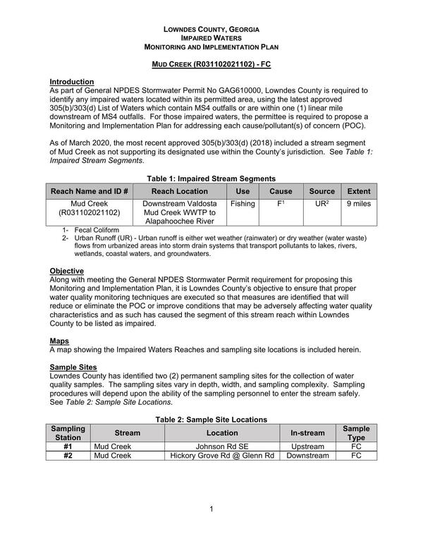Mud Creek (R031102021102) Downstream Valdosta Mud Creek WWTP 9 miles to Alapahoochee River
