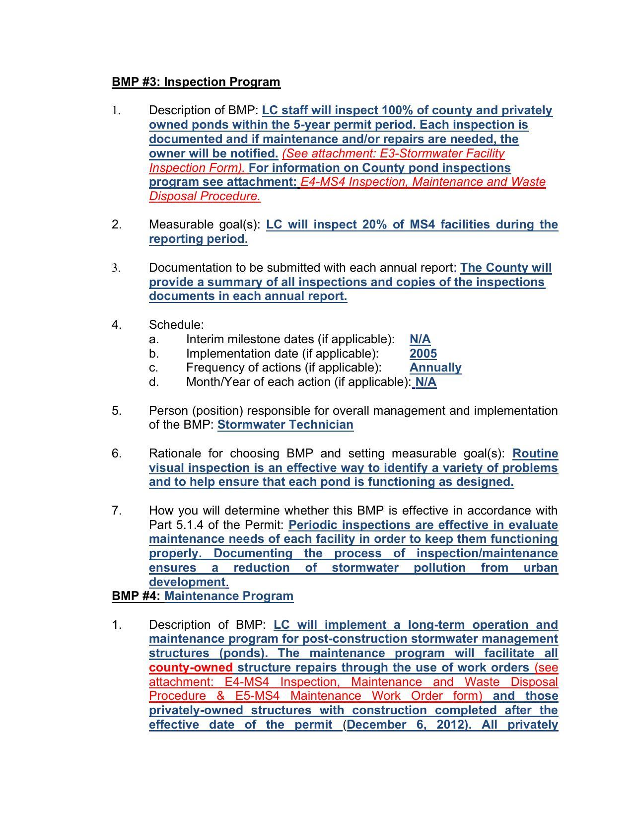 BMP #3: Inspection Program; BMP #4: Maintenance Program