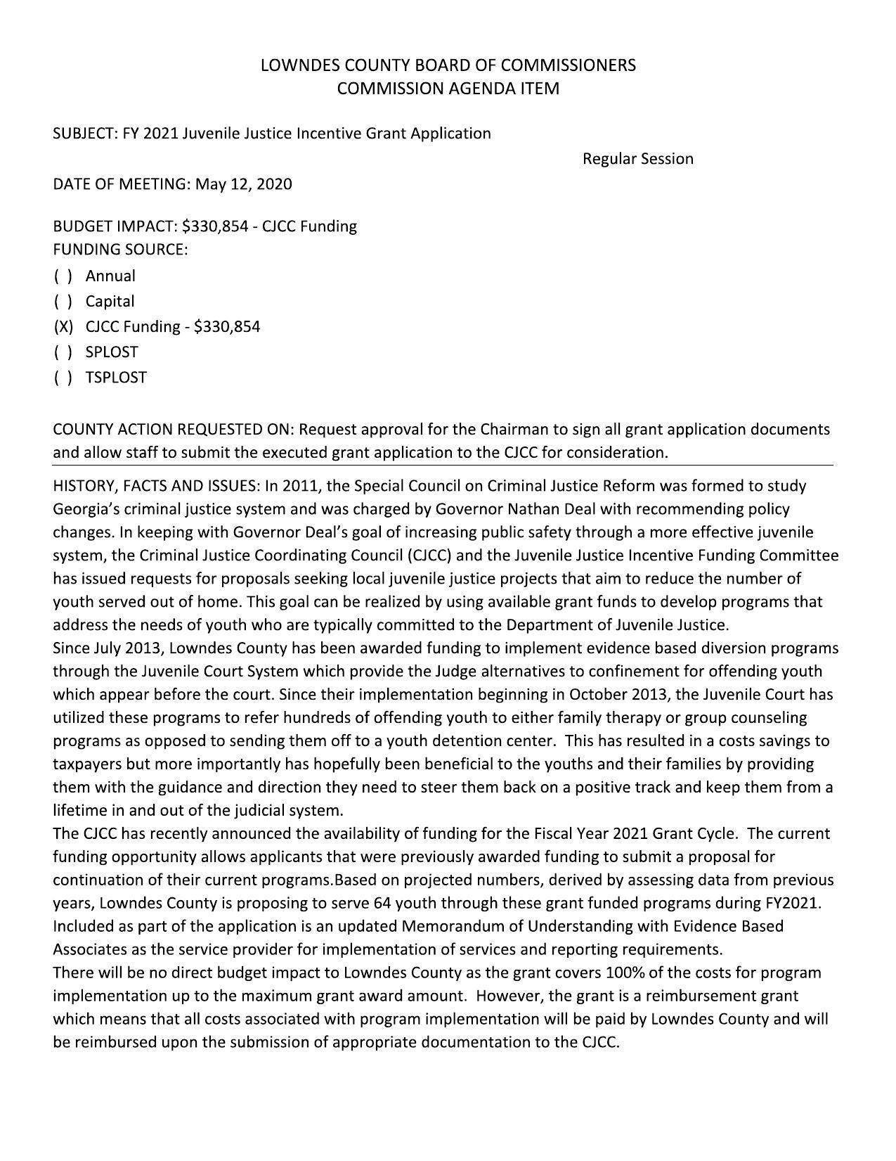 BUDGET IMPACT: $330,854 - CJCC Funding