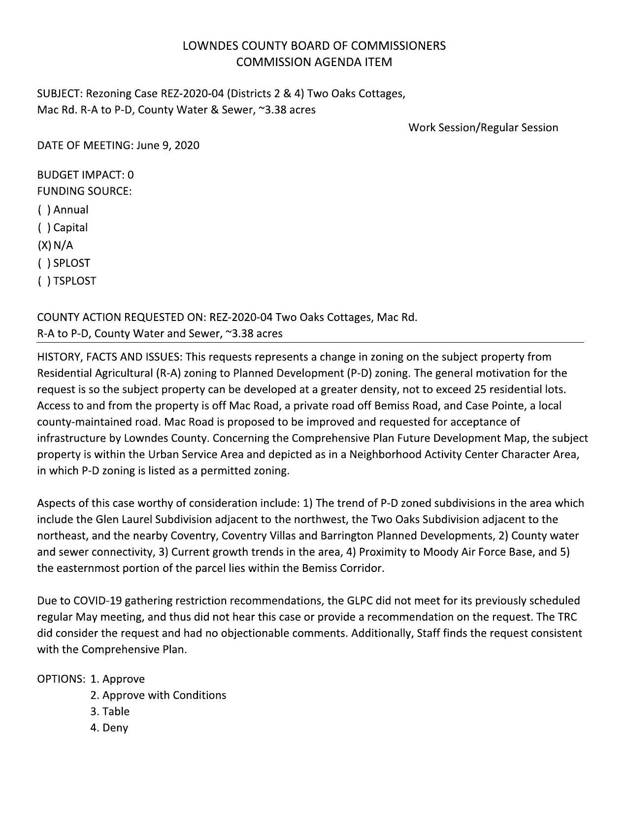 Rezoning Case REZ-2020-04 (Districts 2 & 4) Two Oaks Cottages, Mac Rd. R-A to P-D, County Water & Sewer, ~3.38 acres