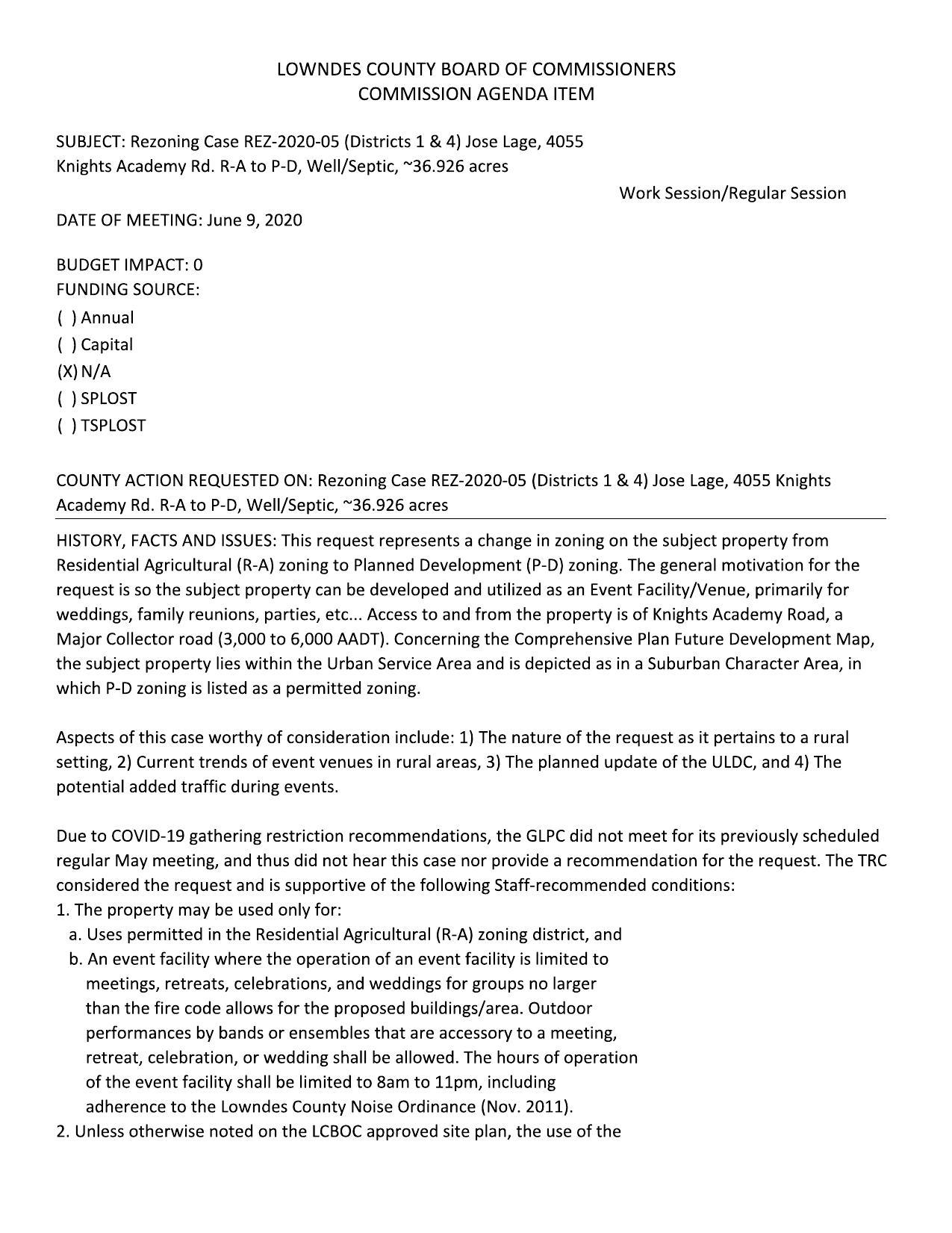 Rezoning Case REZ-2020-05 (Districts 1 & 4) Jose Lage, 4055 Knights Academy Rd. R-A to P-D, Well/Septic, ~36.926 acres