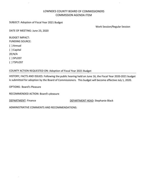 [public hearing June 16, the Fiscal Year 2020-2021 budget submitted for adoption... effective July 1, 2020.]