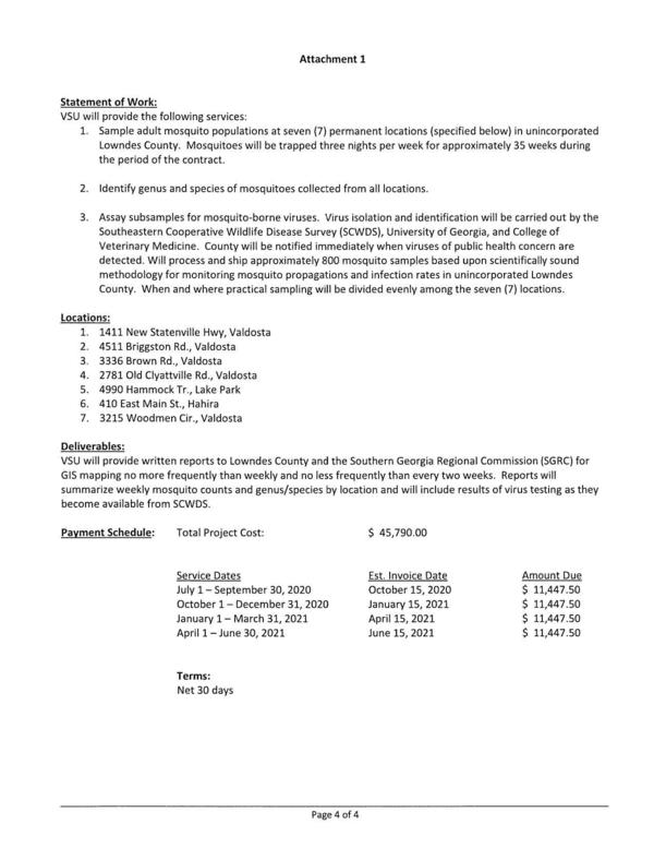 1. Sample adult mosquito populations at seven (7) permanent locations (specified below) in unincorporated