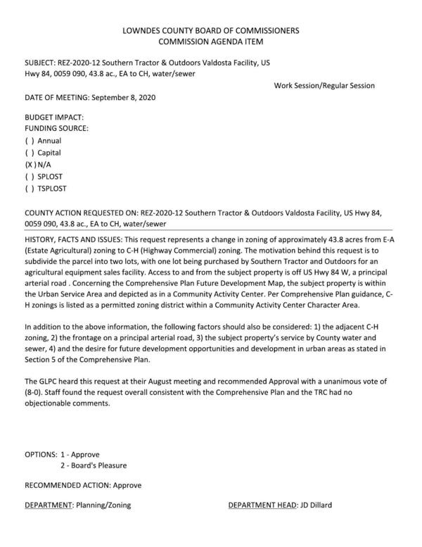 [GLPC for 8:0; staff & TRC for. Subdivide for an agricultural equipment sales facility]