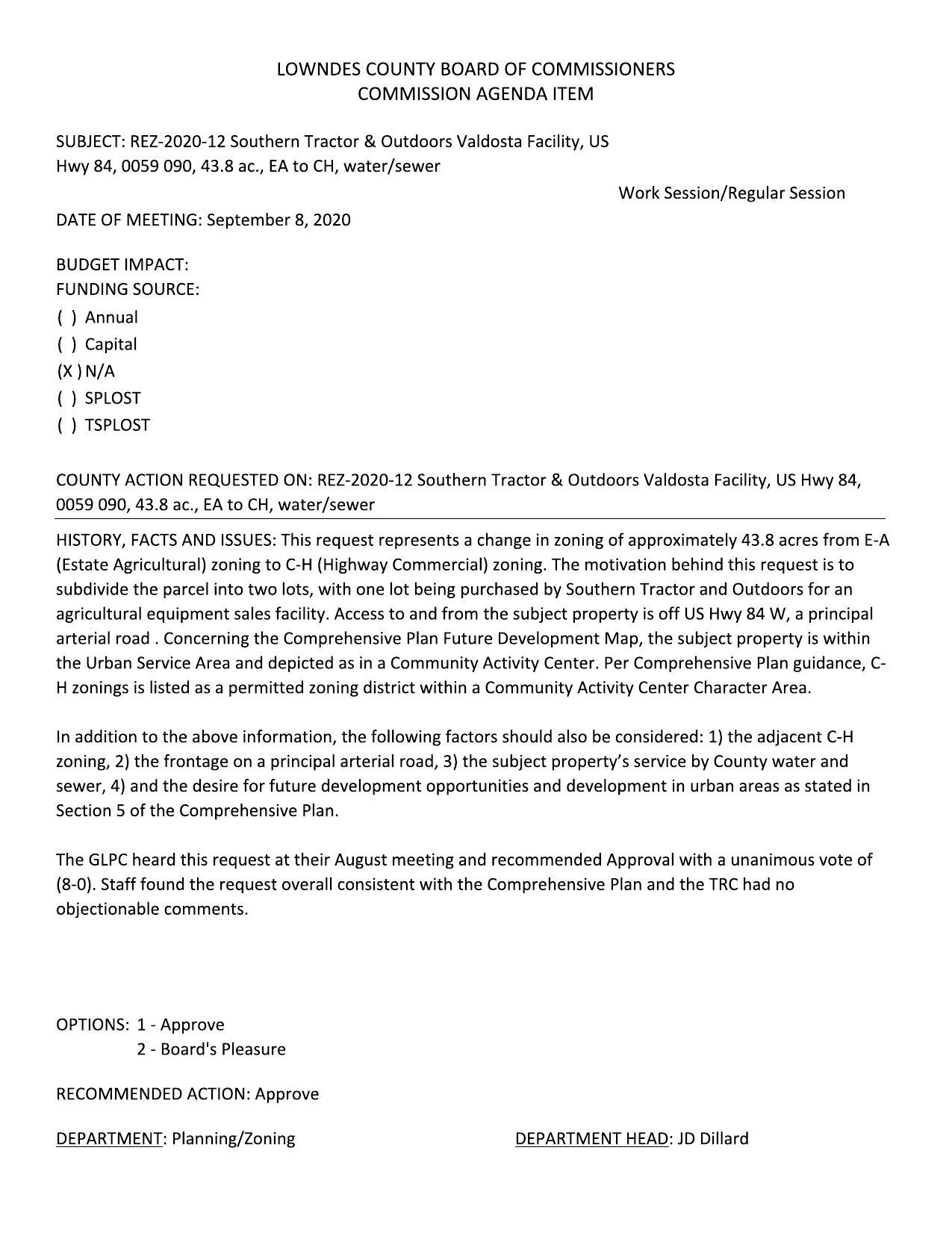 GLPC for 8:0; staff & TRC for. Subdivide for an agricultural equipment sales facility