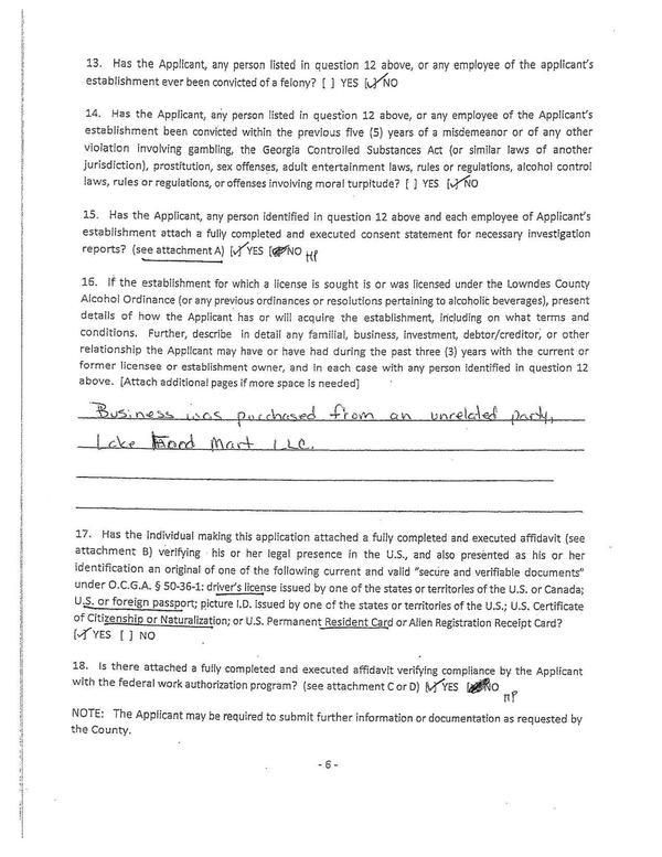 16. if the establishment for which a license is sought is or was licensed under the Lowndes County