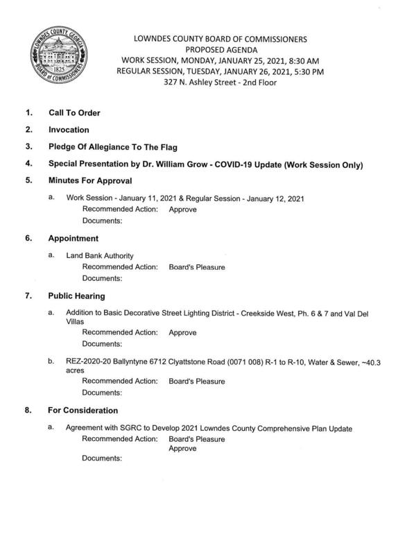 PROPOSED AGENDA: REZ-2020-20, decorative street lighting district, Comprehensive Plan update