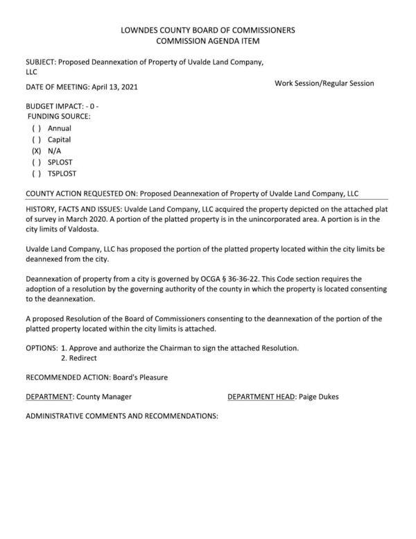 [Uvalde Land Company, LLC has proposed the portion of the platted property located within the city limits be deannexed from the city.]