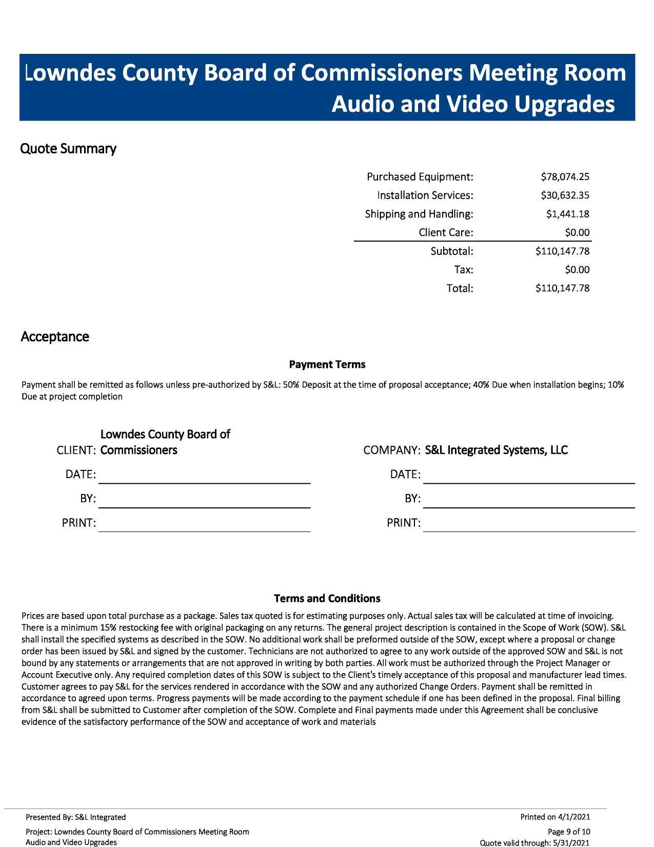 Summary: $78,074.25 Equipment, $30,632.35 Installation, $1,441.18 Shipping and Handling