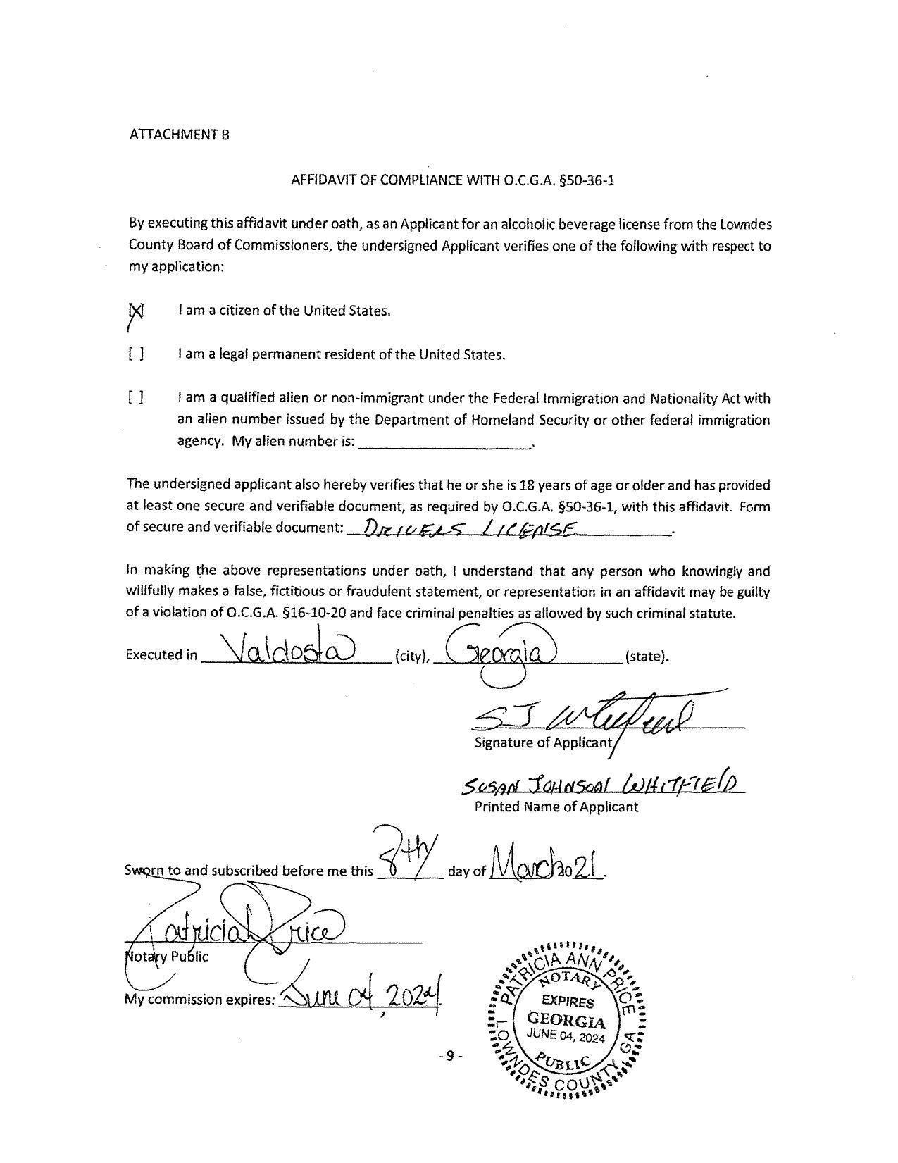 Susan Johnson White, AFFIDAVIT OF COMPLIANCE WITH 0.C.G.A. §50-36-1