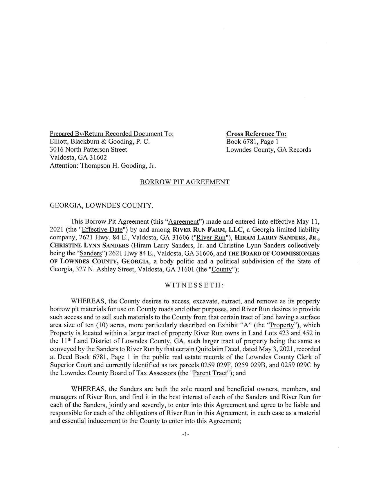 BORROW PIT AGREEMENT, in Naylor, near Lake Alapaha