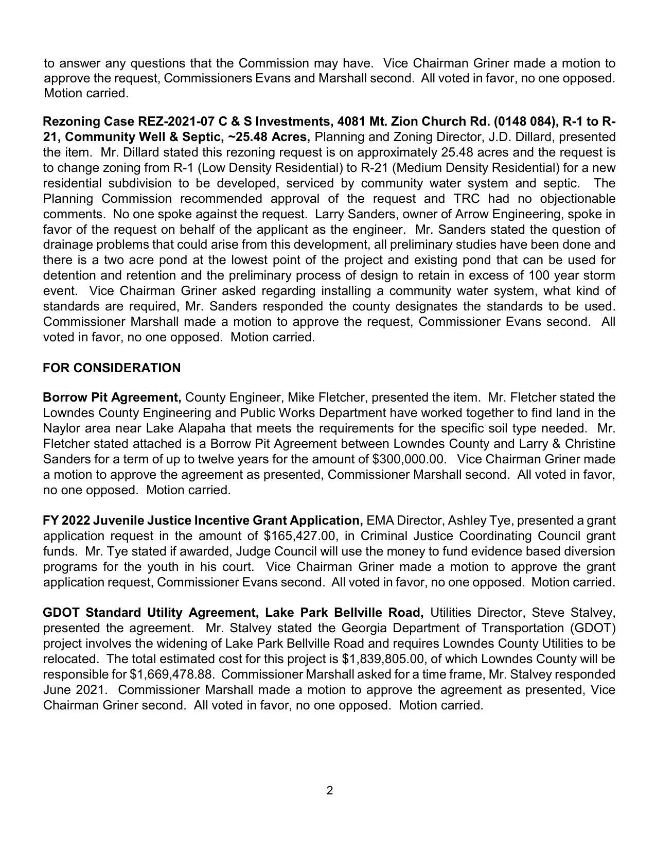 Rezoning Case REZ-2021-07 C & S Investments, Mt. Zion Church Rd., Borrow Pit, Juvenile Justice, GDOT Utility Agreement