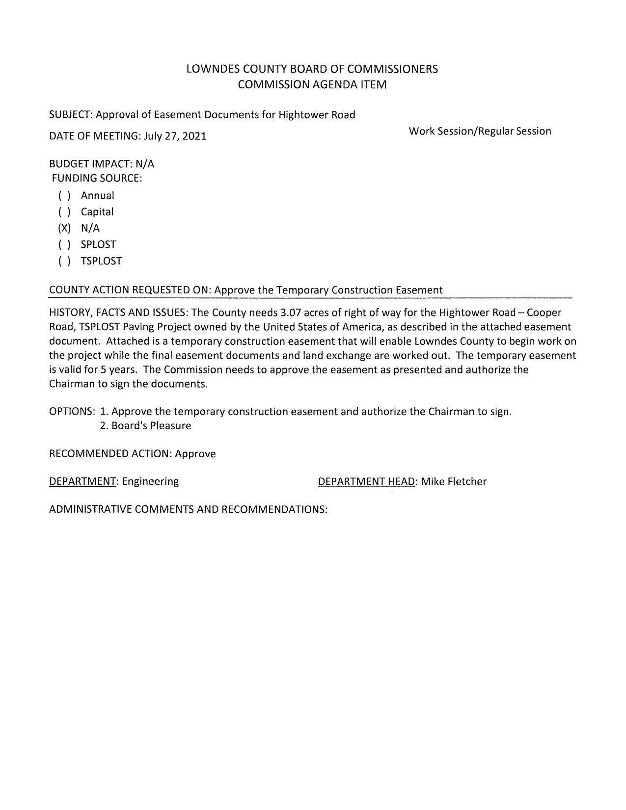 The County needs 3.07 acres of right of way for the Hightower Road — Cooper Road, TSPLOST Paving Project owned by the United States of America....