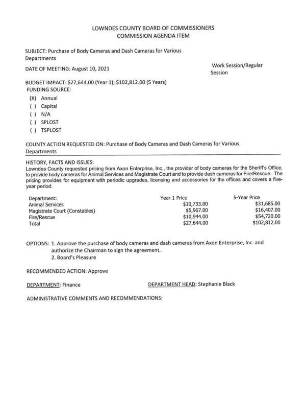 BUDGET IMPACT: $27,644.00 (Year 1); $102,812.00 (5 Years) for Animal Services, Magistrate Court, Fire/Rescue