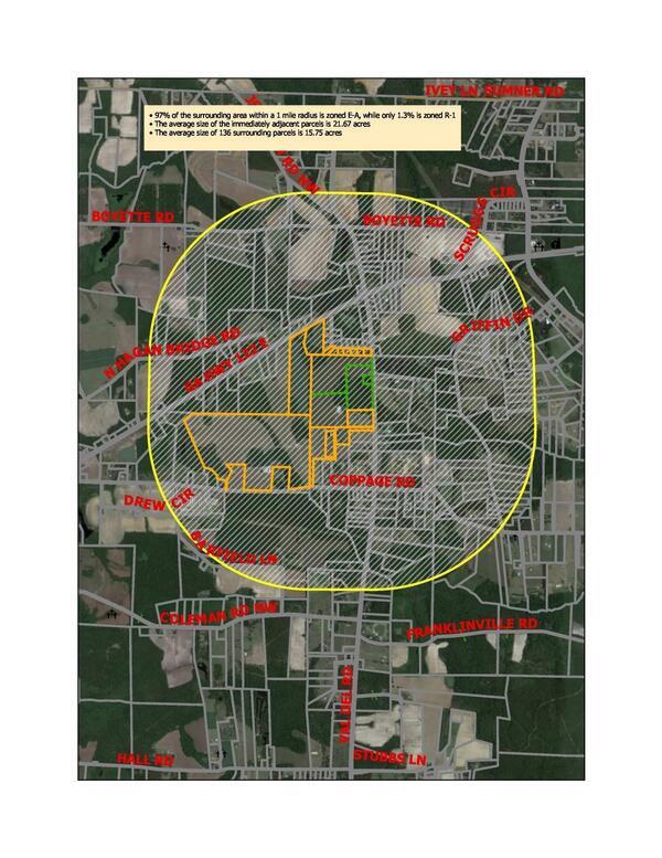 Map: 97% of the area within a 1-mile radius is zoned E-A, while only 1.3% is zoned R-1 (Dana Circle, originally platted in 1978).