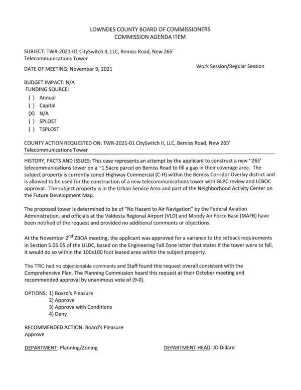 ~1.5 acre, 5010 Bemiss Road, 0144 520. No objections from FAA, VLD, or MAFB. GLPC for 9:0, staff for. ZBOA approved setback variance.