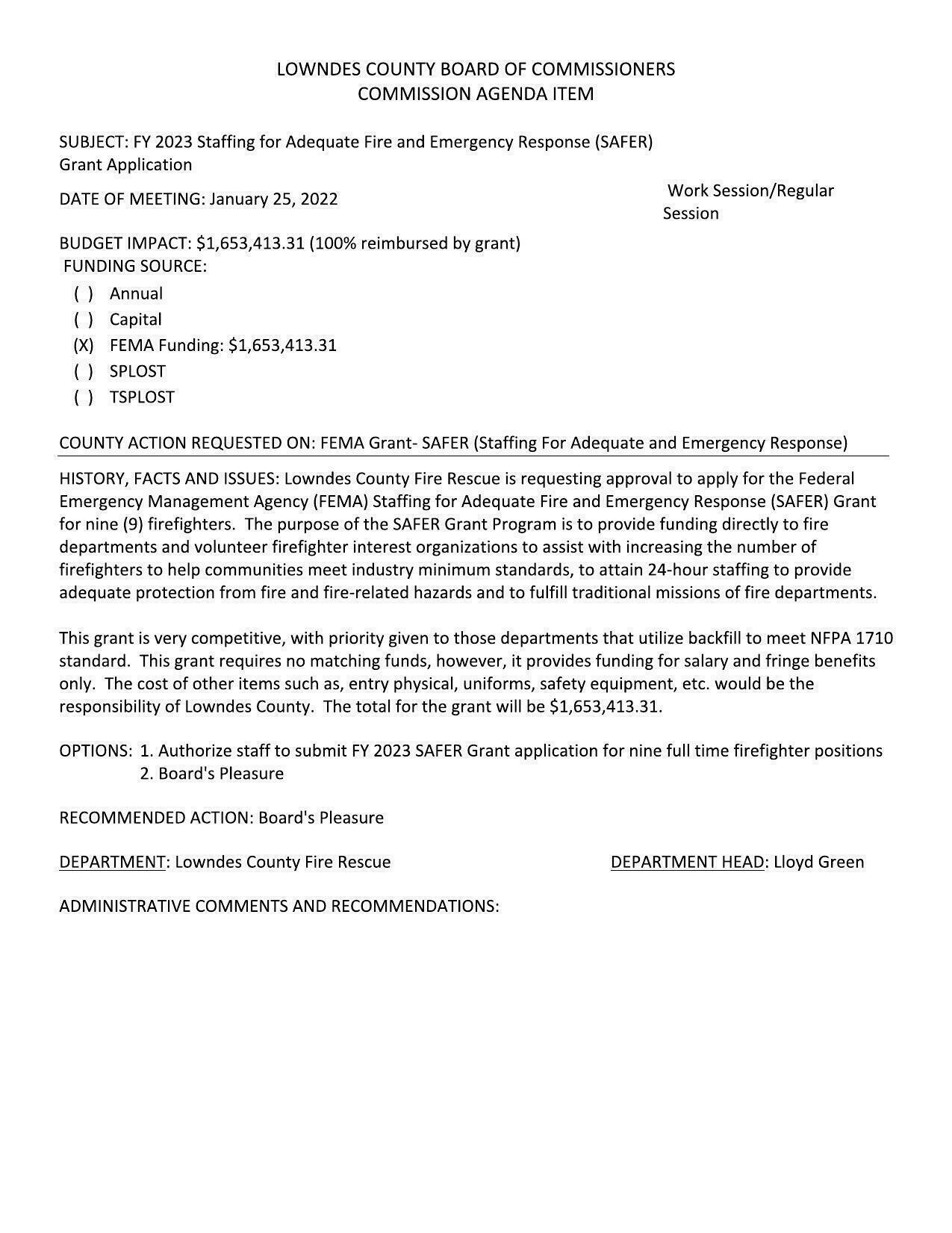 5.i. FY 2023 Staffing for Adequate Fire and Emergency Response (SAFER) Grant Application