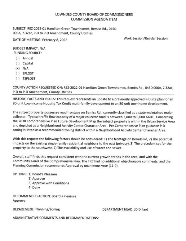 [BUDGET IMPACT: N/A for an 80-unit Low-Income Housing Tax Credit multi-family development to an 80-unit townhome development.]