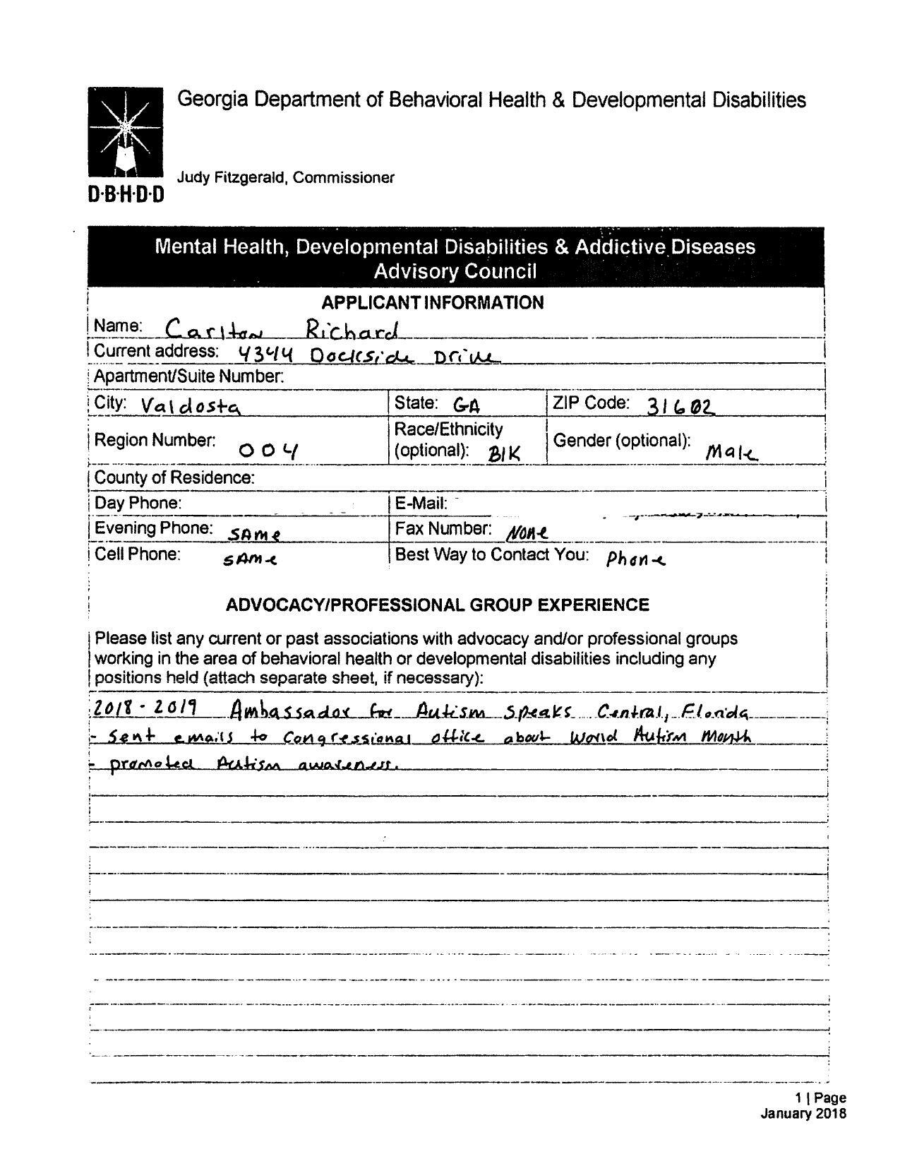 Richard Carlton DBHDD application