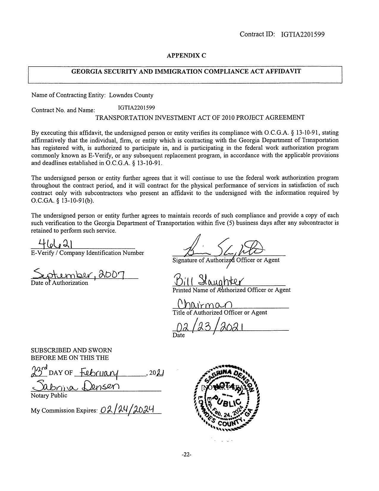 TRANSPORTATION INVESTMENT ACT OF 2010 PROJECT AGREEMENT