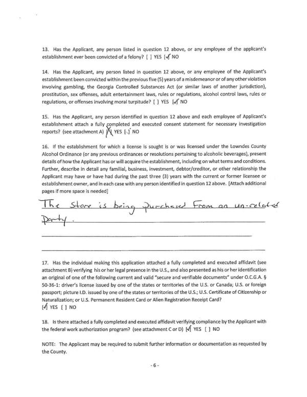 16. If the establishment for which a license is sought is or was licensed under the Lowndes County