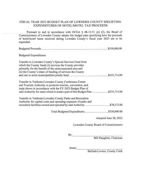 FISCAL YEAR 2023 BUDGET PLAN OF LOWNDES COUNTY SPECIFYING EXPENDITURES OF HOTEL/MOTEL TAX PROCEEDS