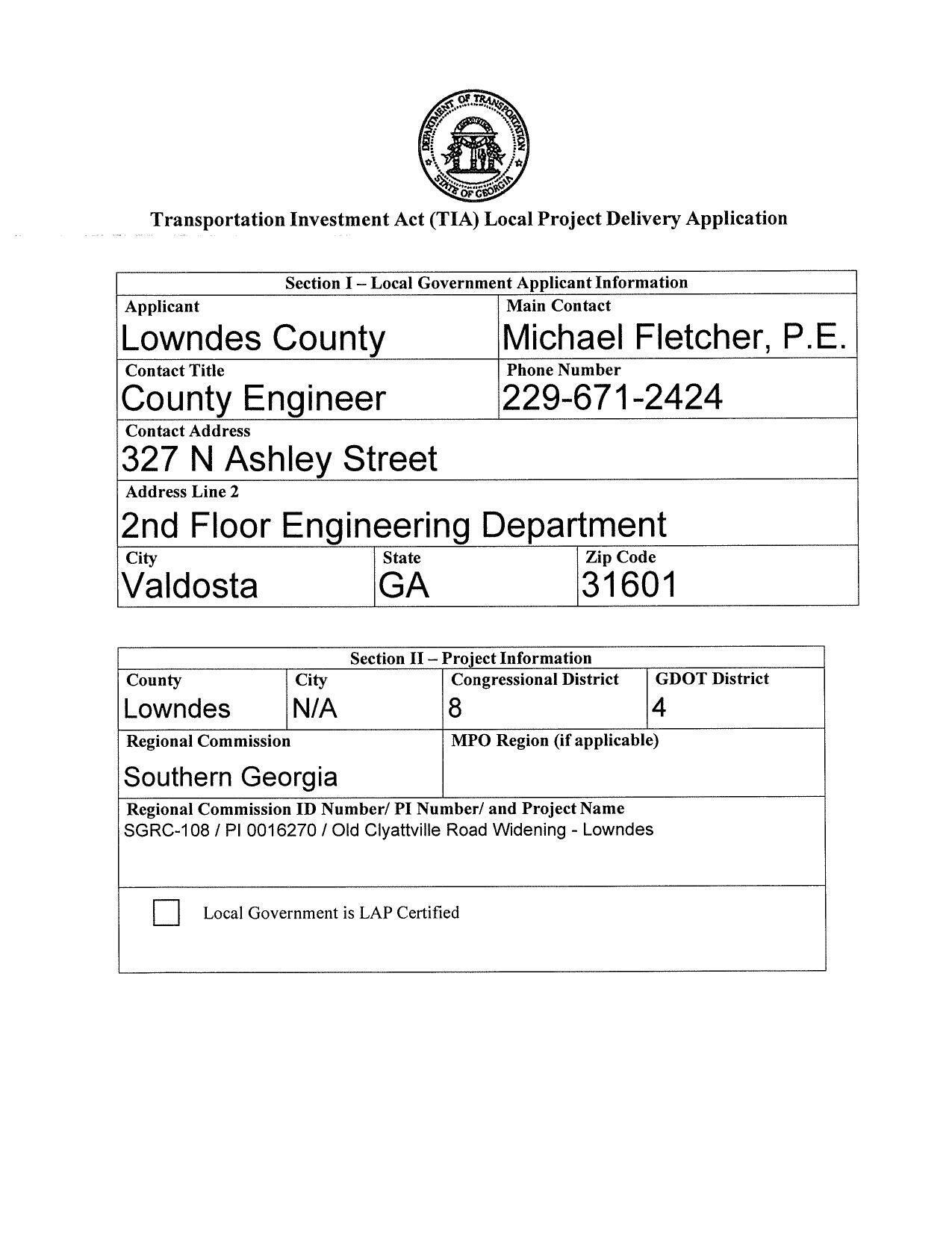 Section I — Local Government Applicant Information