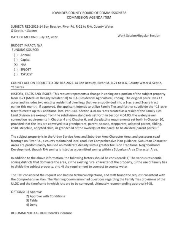 [to utilize Family Ties and further subdivide the ~13-acre tract to create up to 5 additional lots.]