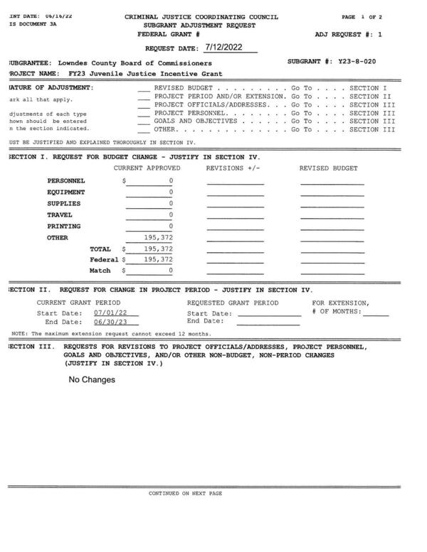 SUBGRANT ADJUSTMENT REQUEST