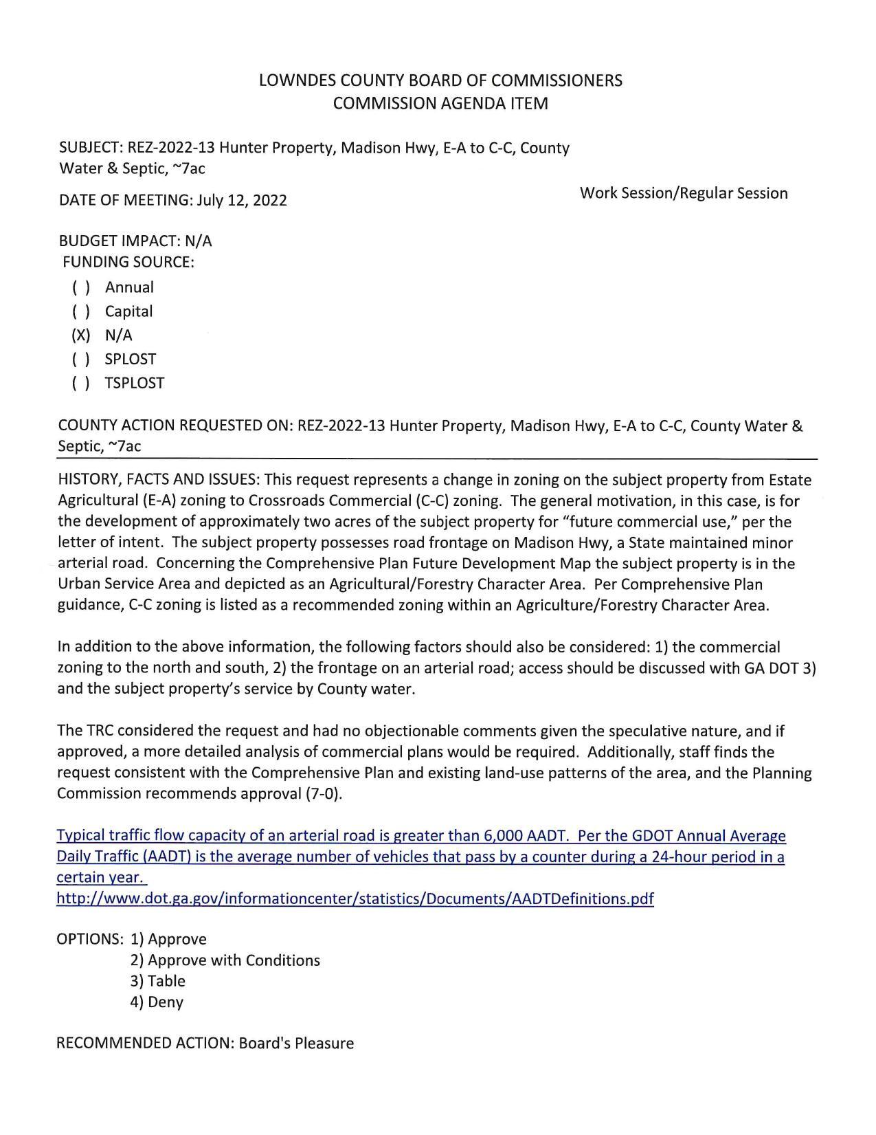 BUDGET IMPACT: N/A for the development of approximately two acres of the subject property for “future commercial use,”