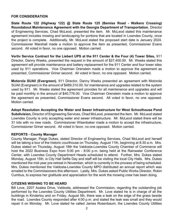 agreement includes mowing and landscaping for portions that are located in Lowndes County, once