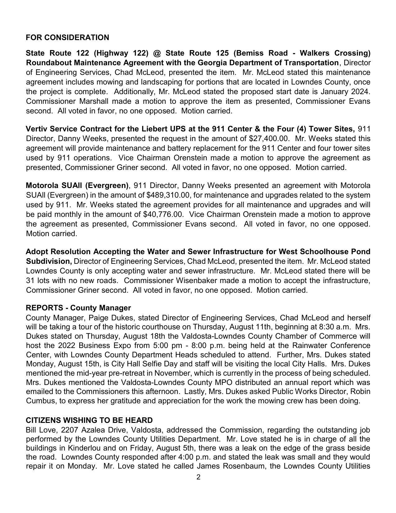 agreement includes mowing and landscaping for portions that are located in Lowndes County, once