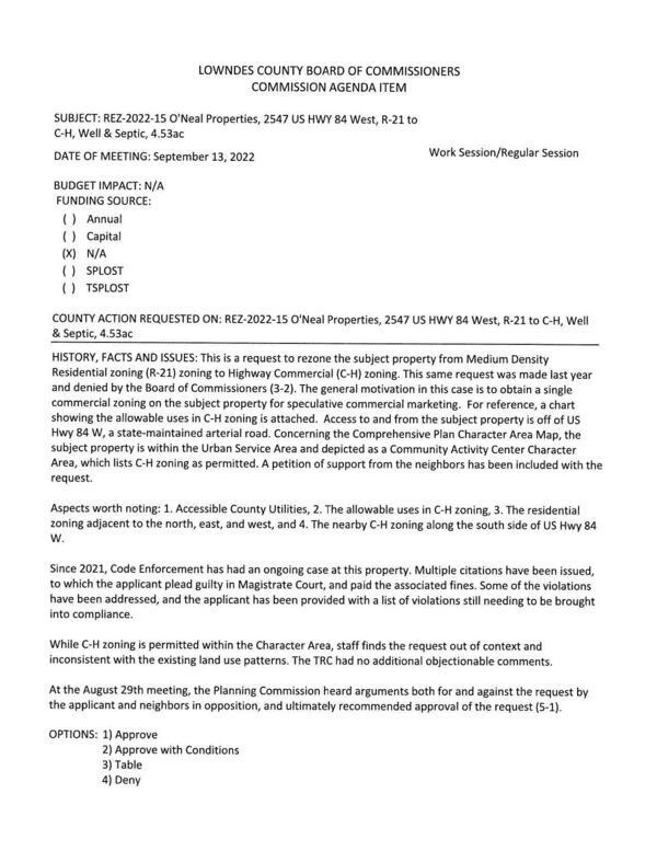 [BUDGET IMPACT: N/A to obtain a single commercial zoning on the subject property for speculative commercial marketing. Previously denied 2021-07-13]