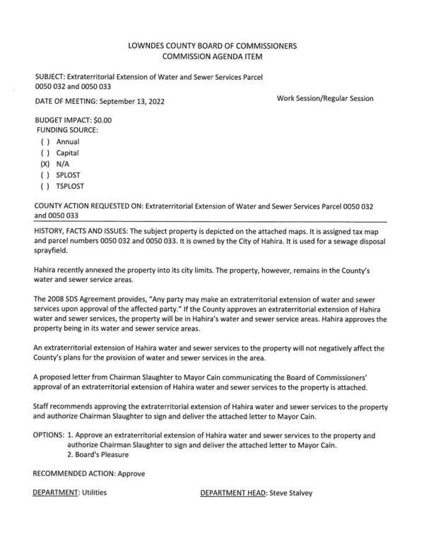 [BUDGET IMPACT: $0.00 Hahira recently annexed for sewage disposal sprayfield but still in county water and sewer service area.]